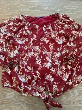 Womens Stitch Fix West Kei burgundy floral elorna tie front blouse size XL